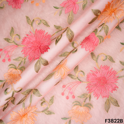 Thread Embroidered Organza Fabric- F3822