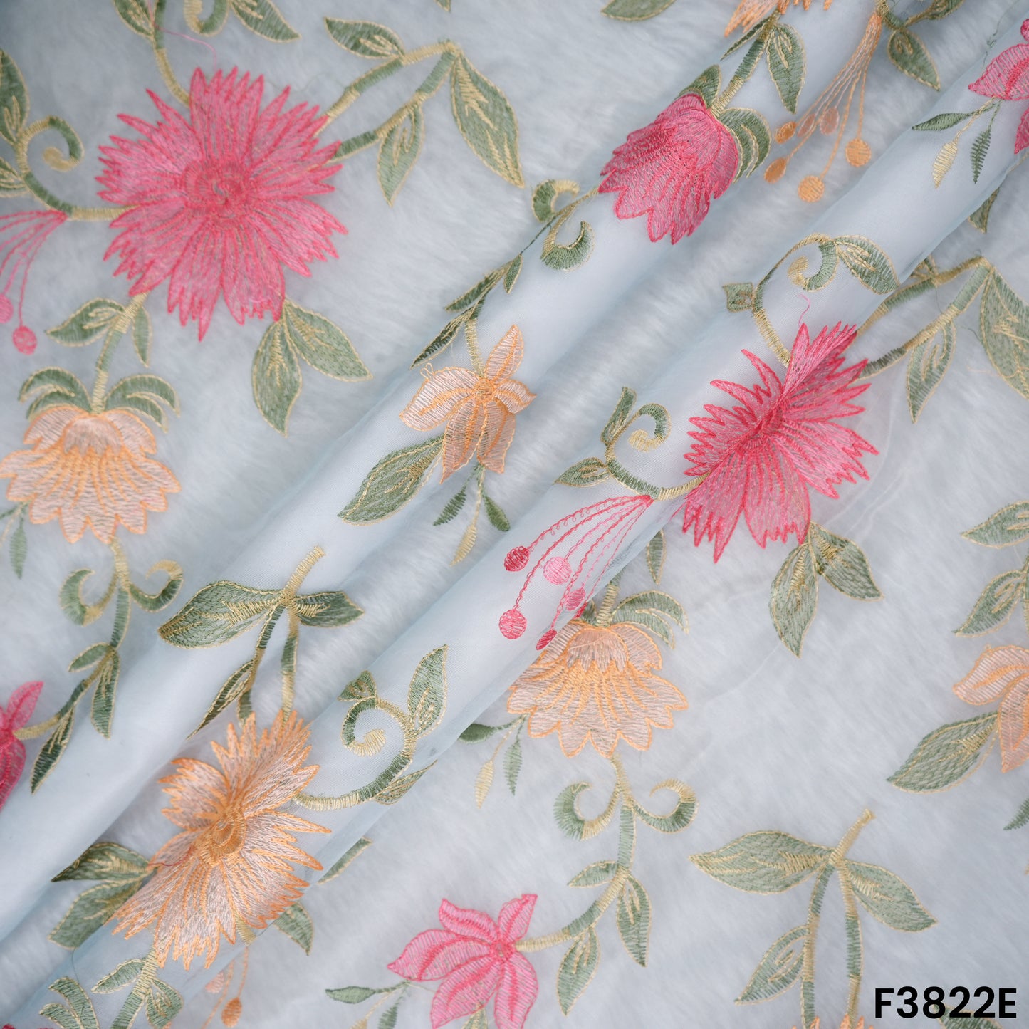 Thread Embroidered Organza Fabric- F3822