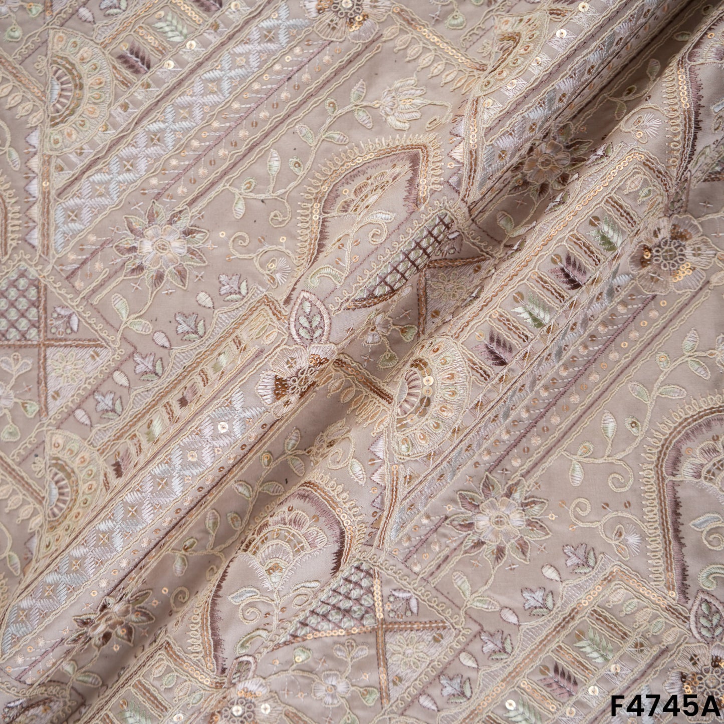 Thread Sequins Embroidered Satin Silk Fabric- F4745