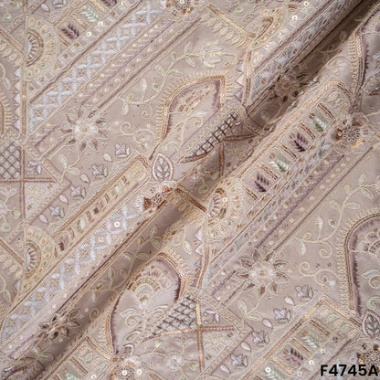 Thread Sequins Embroidered Satin Silk Fabric- F4745