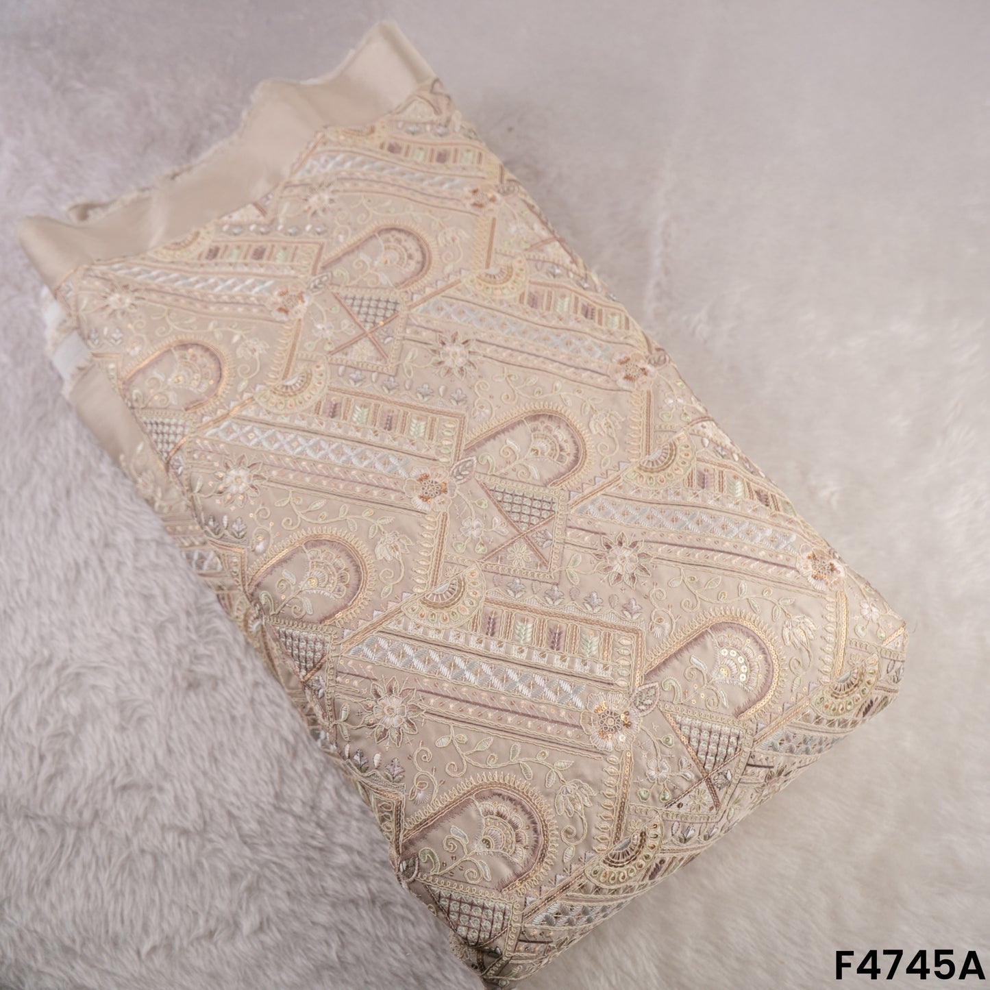 Thread Sequins Embroidered Satin Silk Fabric- F4745