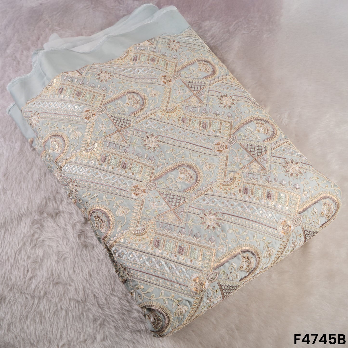 Thread Sequins Embroidered Satin Silk Fabric- F4745