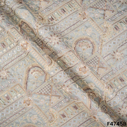 Thread Sequins Embroidered Satin Silk Fabric- F4745