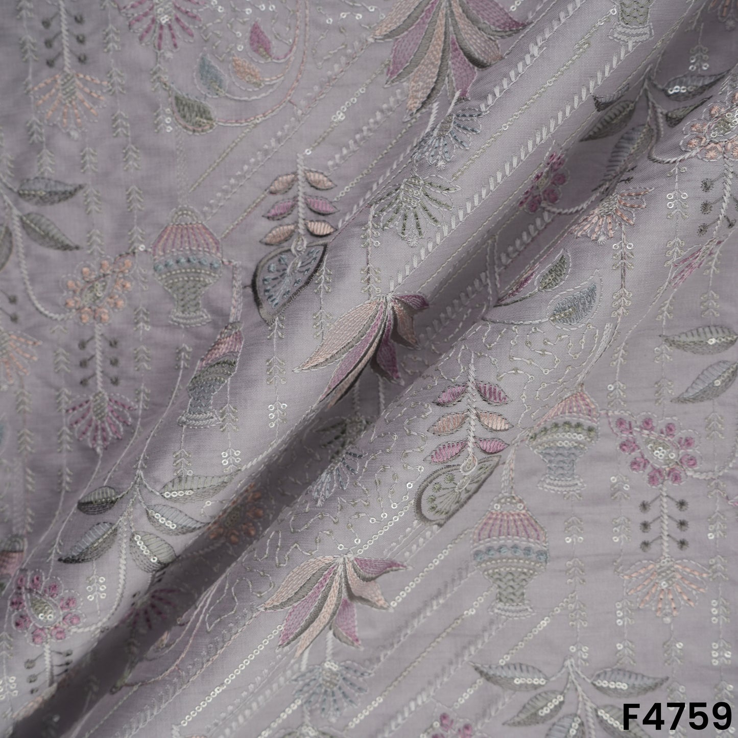 Thread Sequins Embroidered Cotton Silk Fabric- F4759