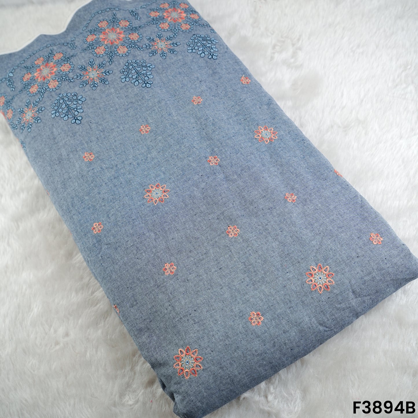 Thread Zari Embroidered Denim Cotton Fabric- F3894