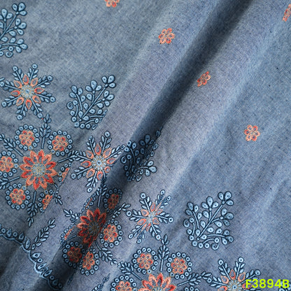 Thread Zari Embroidered Denim Cotton Fabric- F3894