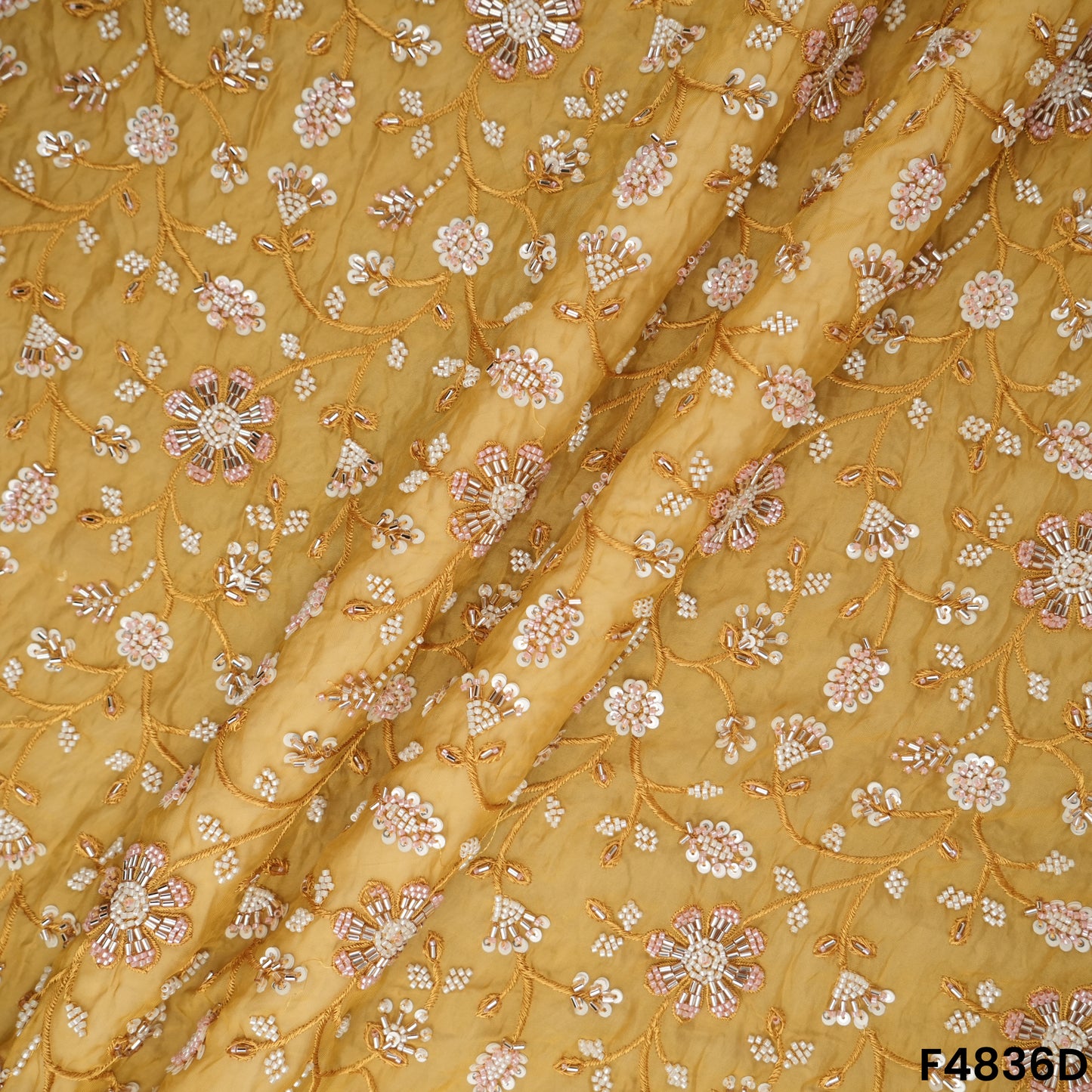 Cutdana Thread Sequins Embroidered Organza Fabric- F4836