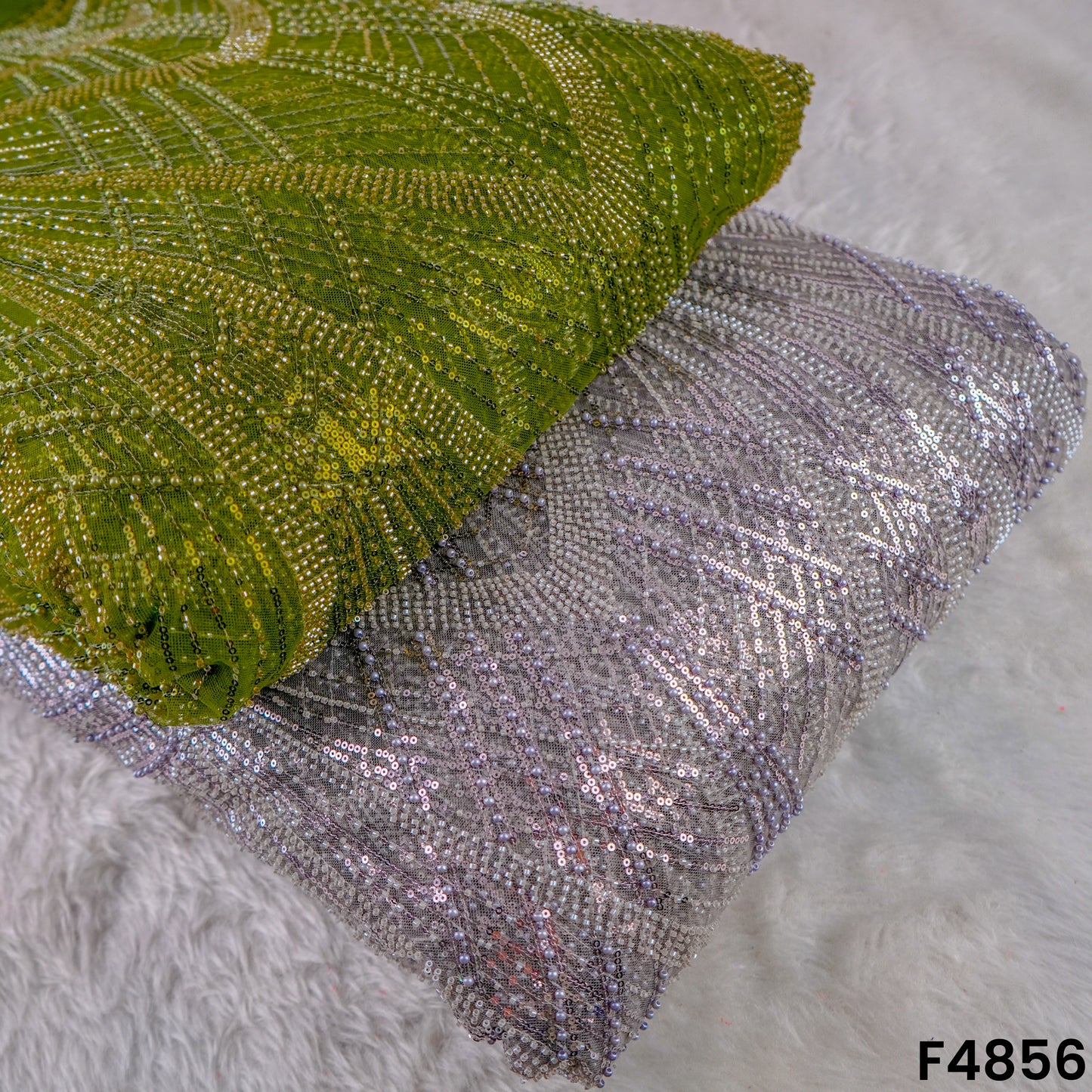 Cutdana Pearl Sequins Embroidered Net Fabric- F4856