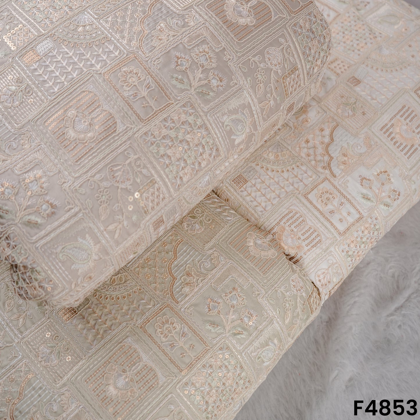 Thread Sequins Embroidered Satin Silk Fabric- F4853