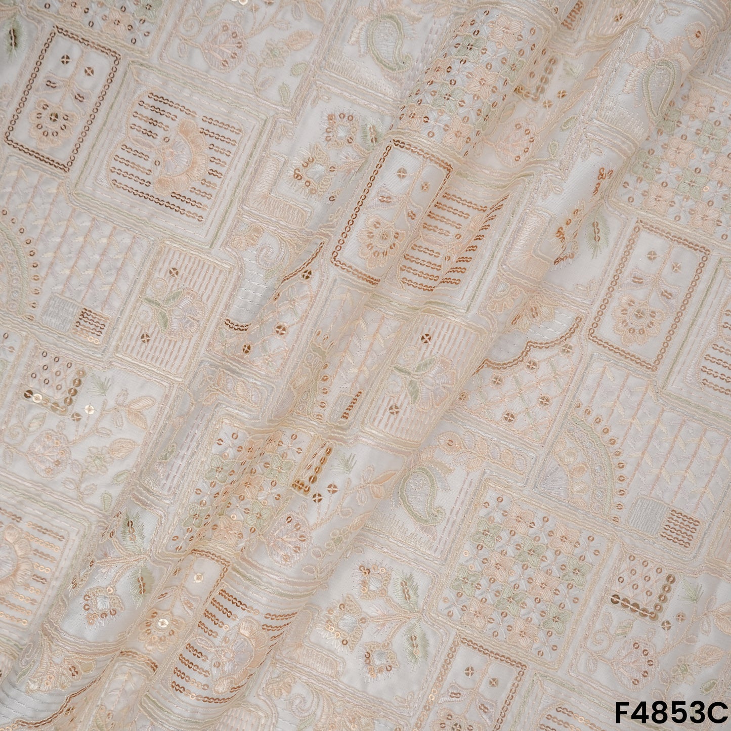 Thread Sequins Embroidered Satin Silk Fabric- F4853