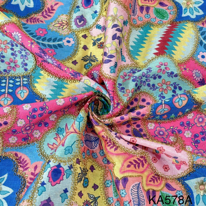 Postional Print Zari Embroidered Dupion Silk Fabric-KA578