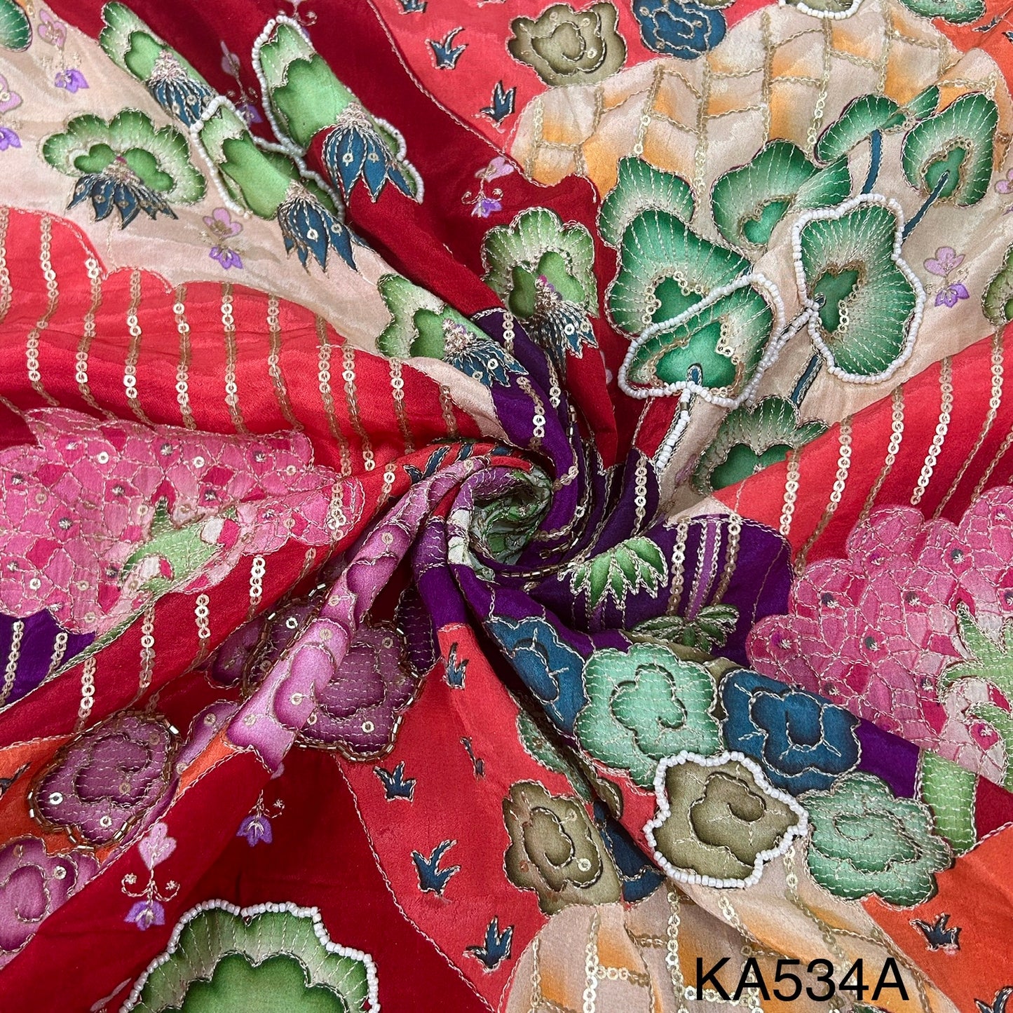 Position Print Zari Sequins Beads Cut Dana Work Crepe Fzbric-KA534