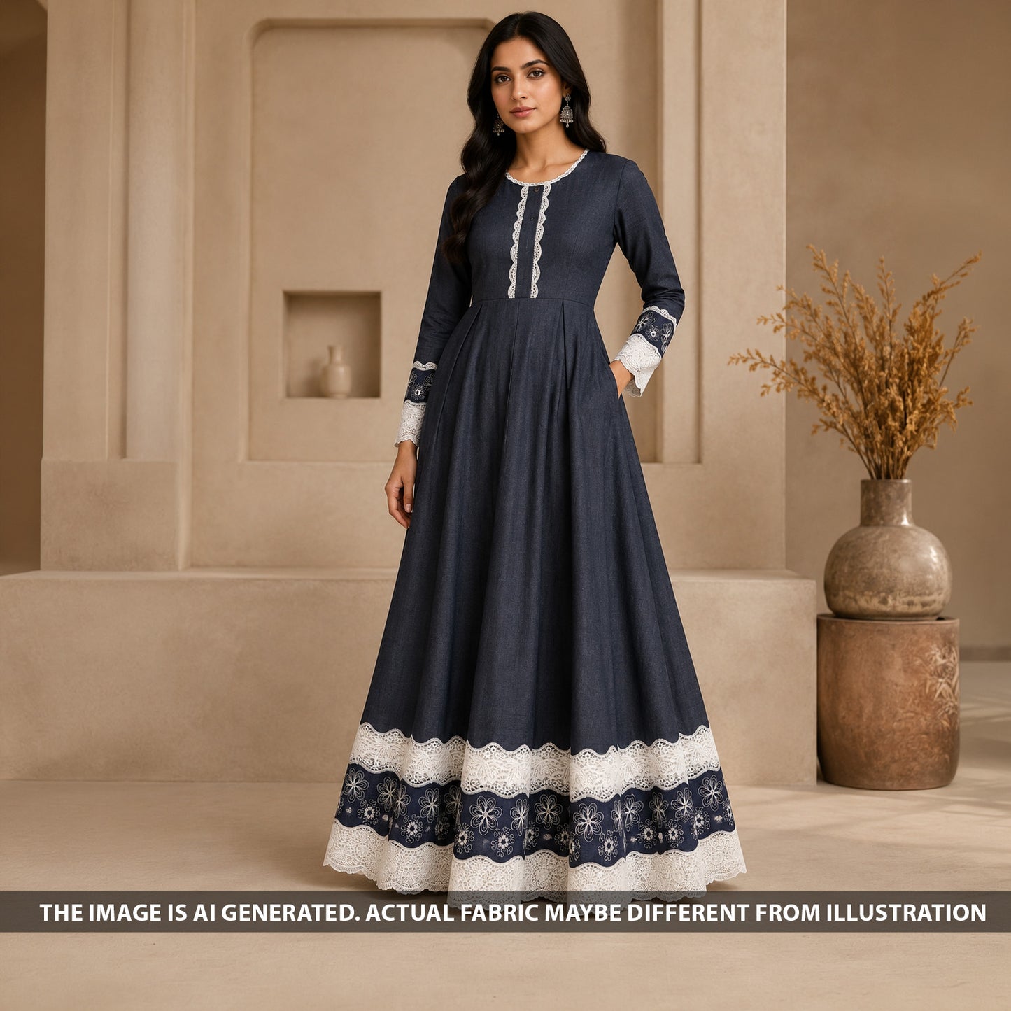 Thread Lace Work Denim Cotton Fabric - F6865