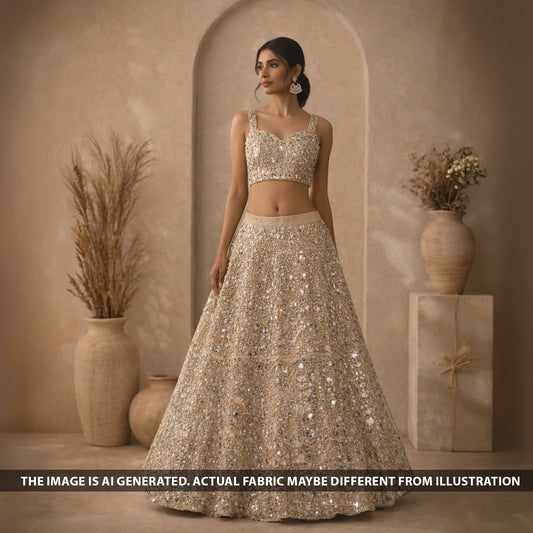 Cut Dana Zari Sequins Embroidered Net Fabric - F6389