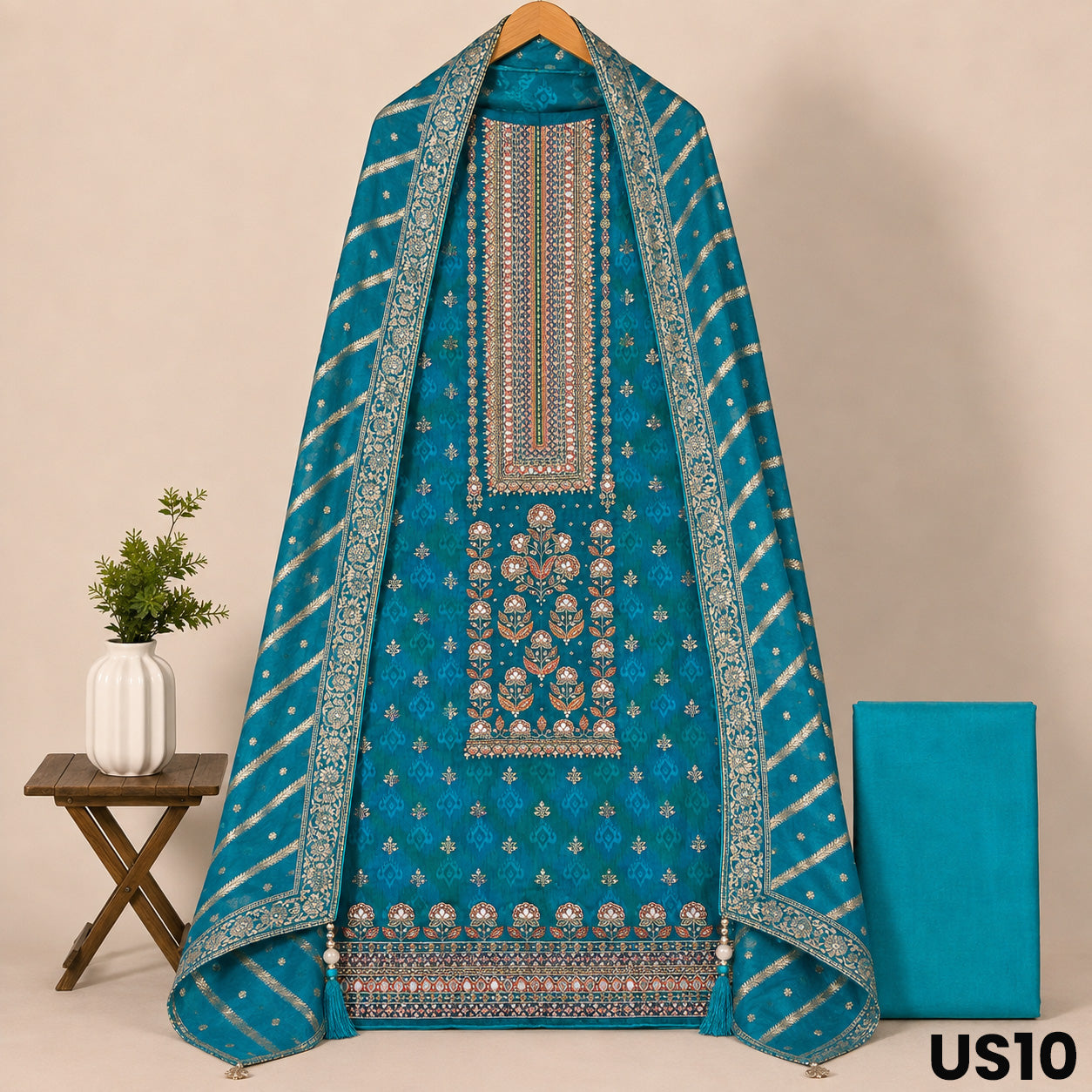 Teal Blue Upada Silk Suit Set - US10