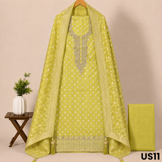 Olive Green Upada Silk Unstitched Suit Set - US11