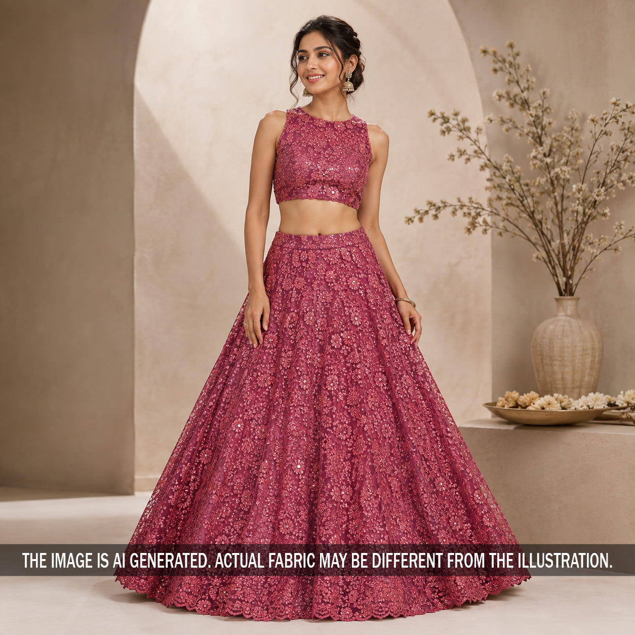 Thread Sequins Embroidered Net Fabric - F7212