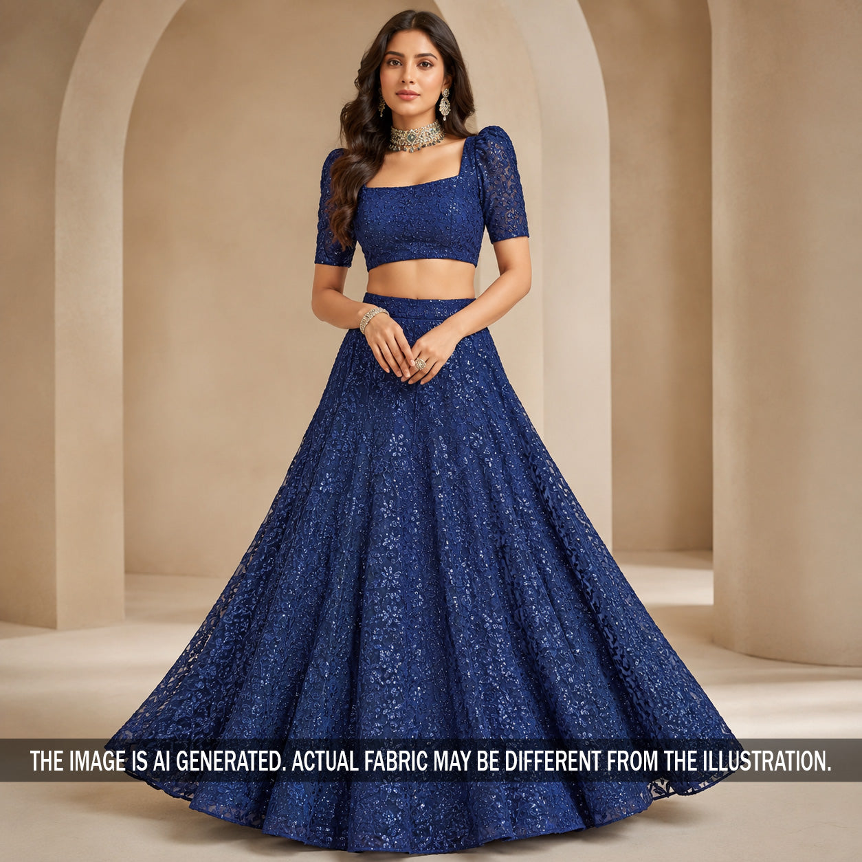 Thread Sequins Embroidered Net Fabric - F7214