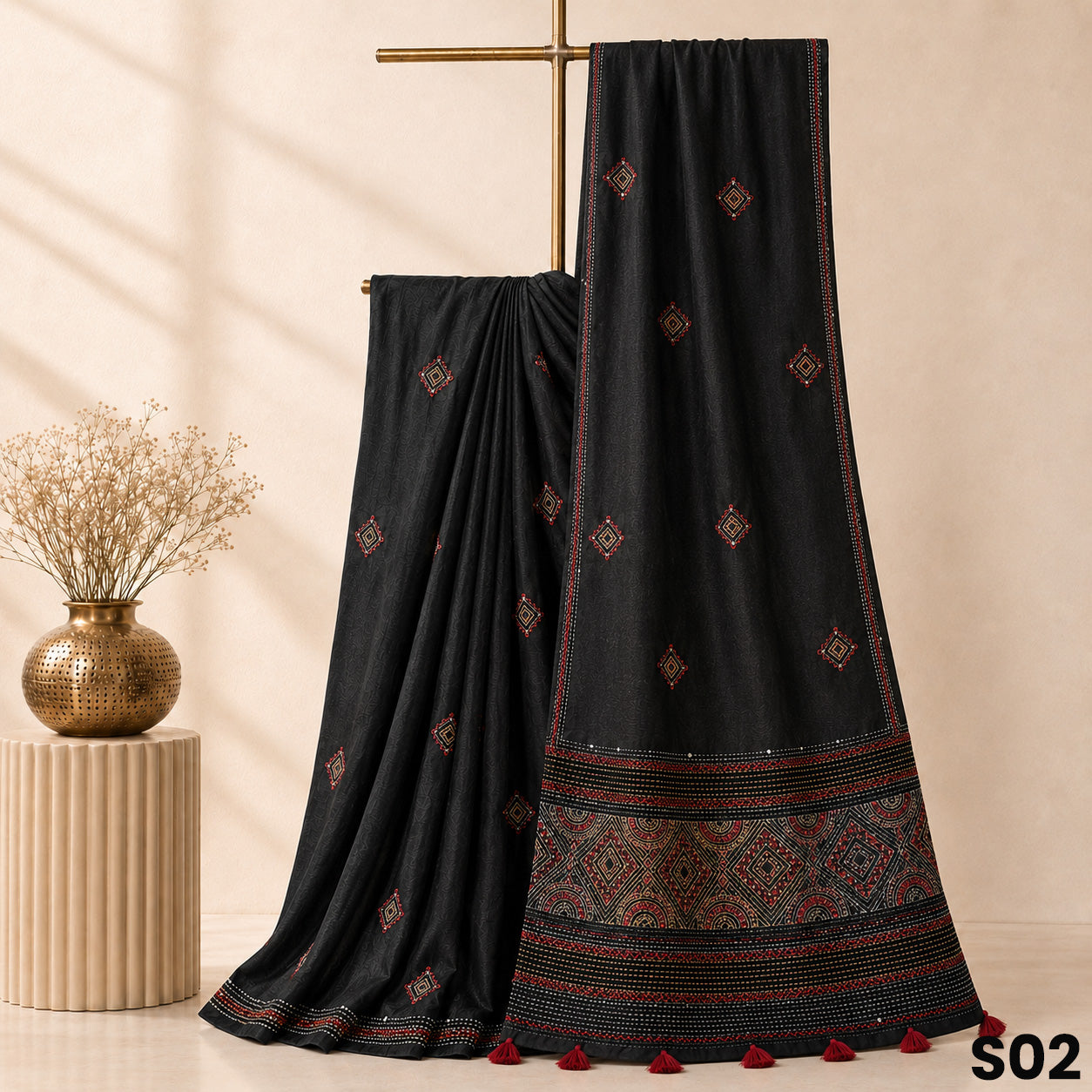 Black Dupion Silk Kantha Work Saree - S02