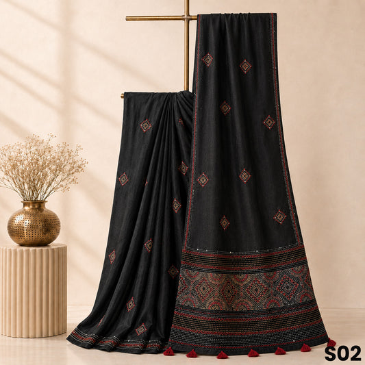 Black Dupion Silk Kantha Work Saree - S02