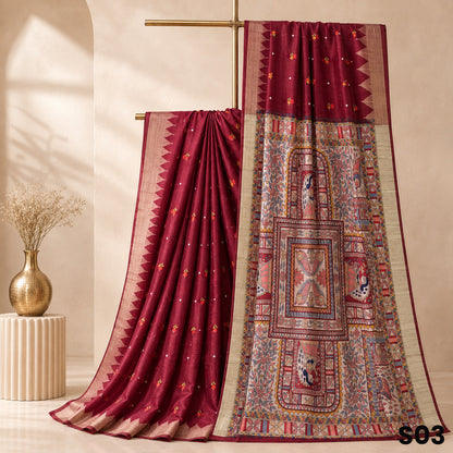Maroon Thread Embroidered Madhubani Print Dupion Silk Saree - S03