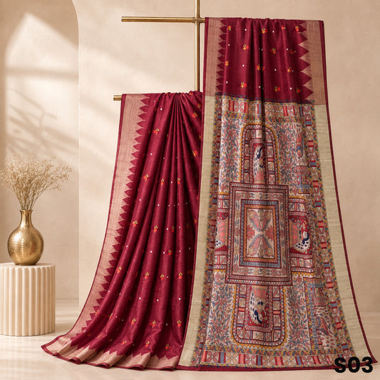 Maroon Thread Embroidered Madhubani Print Dupion Silk Saree - S03