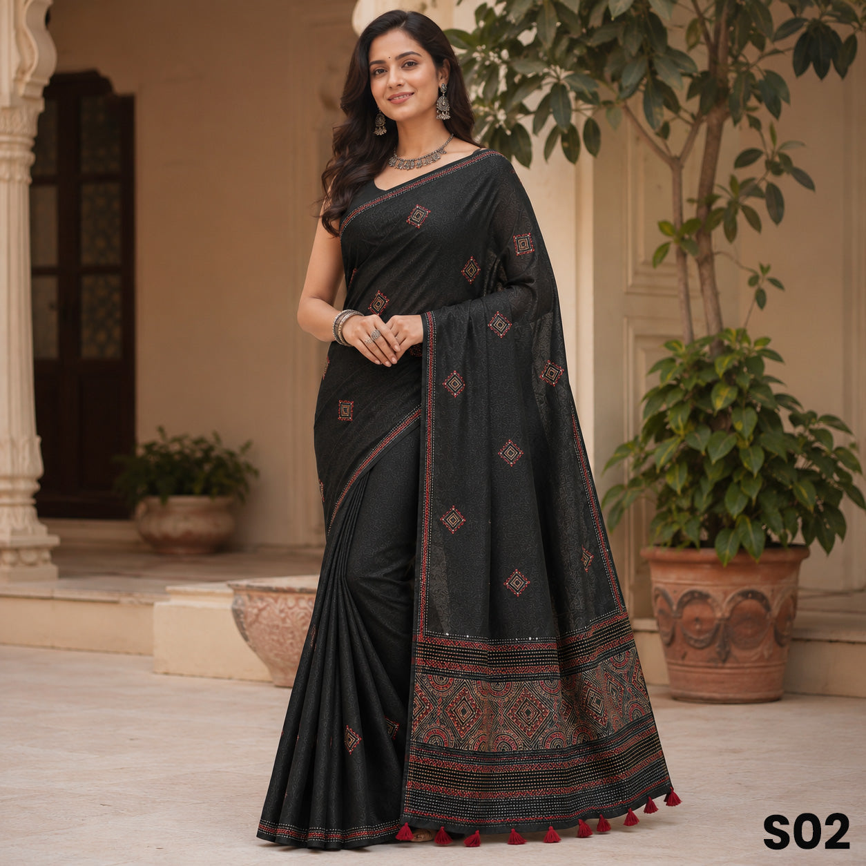 Black Dupion Silk Kantha Work Saree - S02