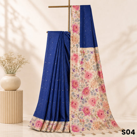 Navy Blue Floral Print Zari Buti Bhagalpuri Silk Saree - S04