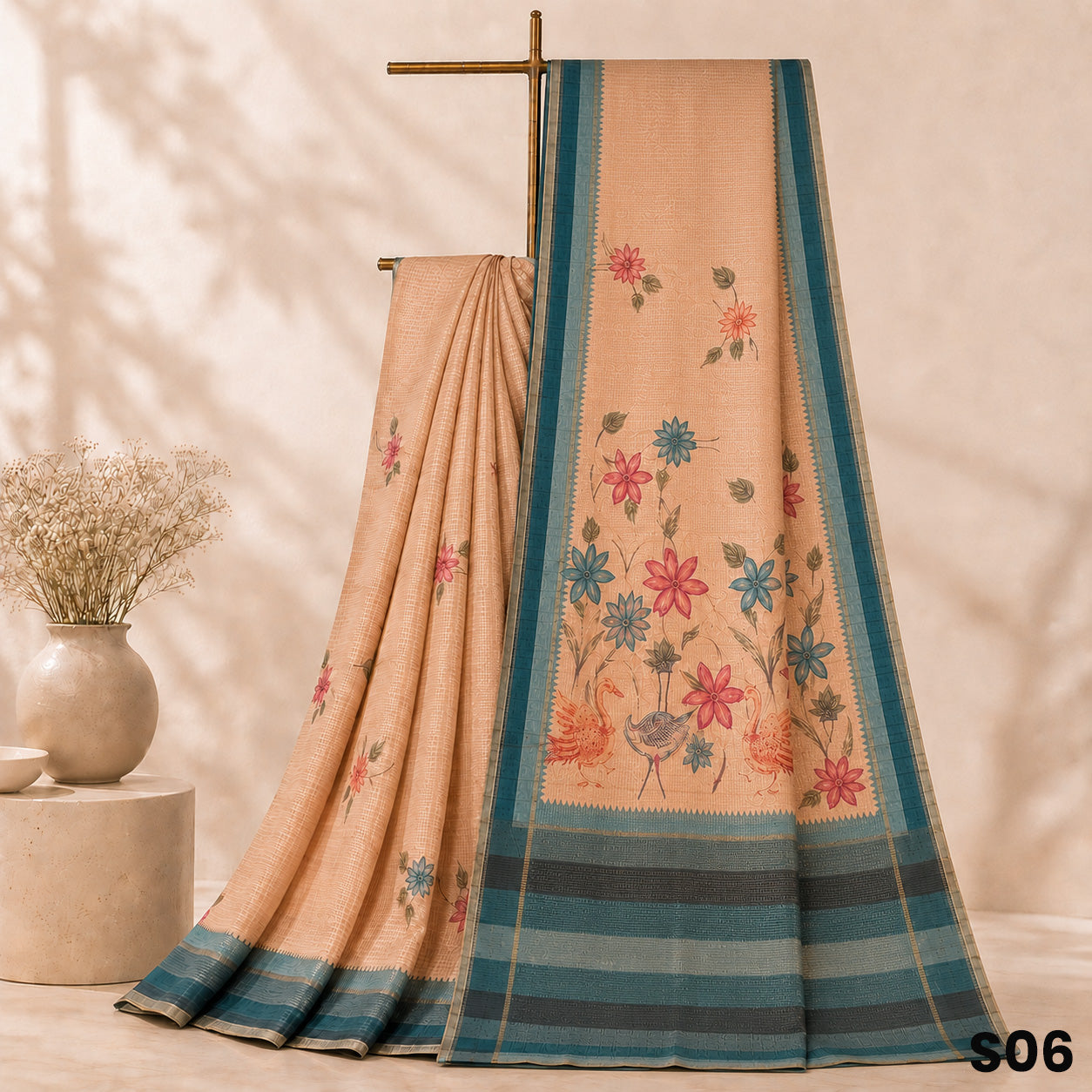 Beige Floral Print Matka Silk Saree - S06