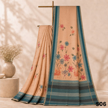 Beige Floral Print Matka Silk Saree - S06