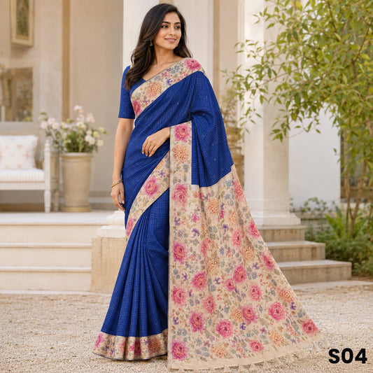 Navy Blue Floral Print Zari Buti Bhagalpuri Silk Saree - S04