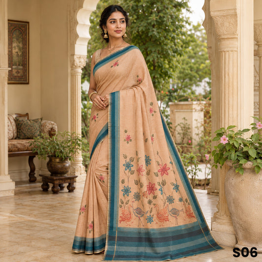 Beige Floral Print Matka Silk Saree - S06