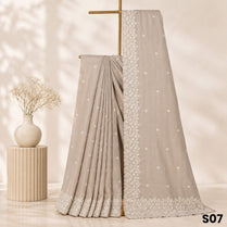 Light Beige Thread Embroidered Dupion Silk Saree - S07