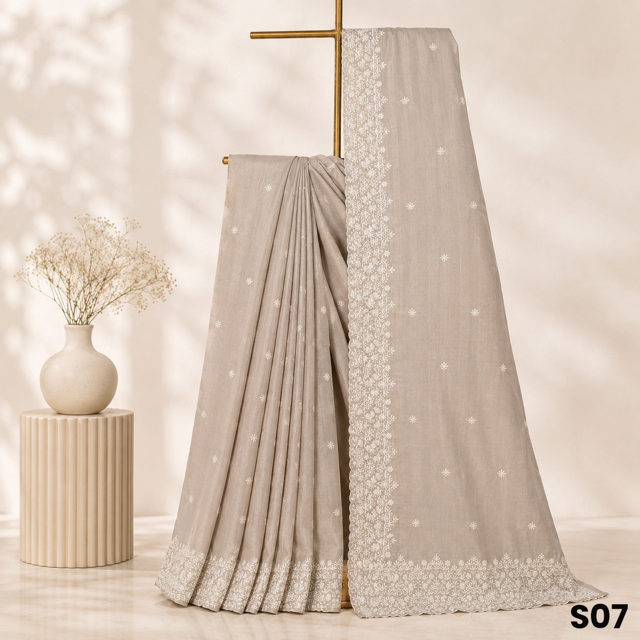 Light Beige Thread Embroidered Dupion Silk Saree - S07