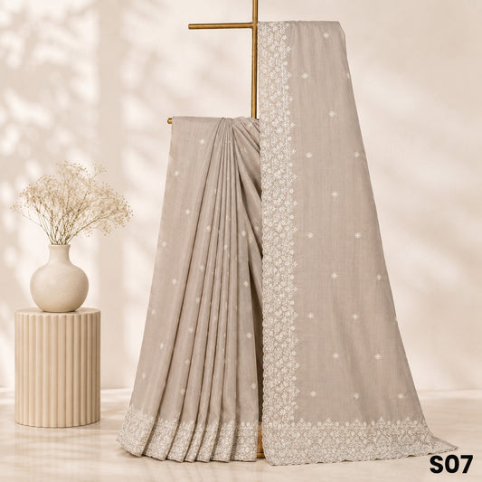 Light Beige Thread Embroidered Dupion Silk Saree - S07