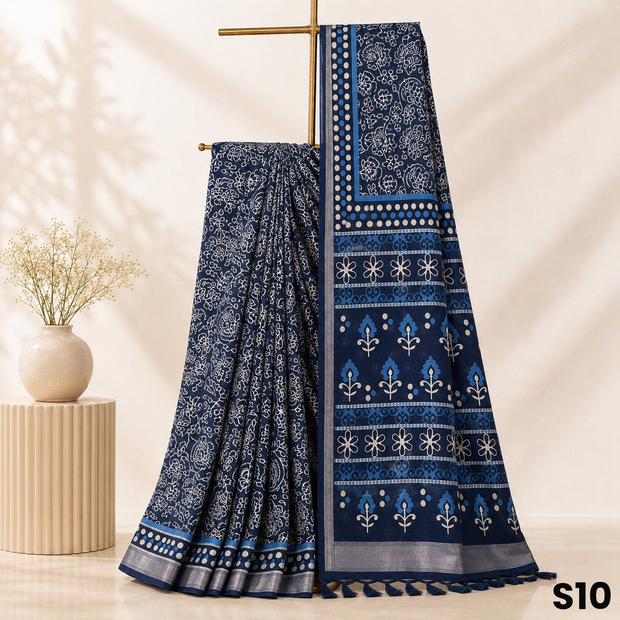 Indigo Print Linen Saree - S10