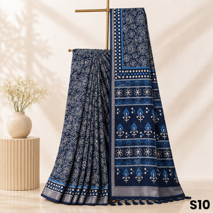Indigo Print Linen Saree - S10
