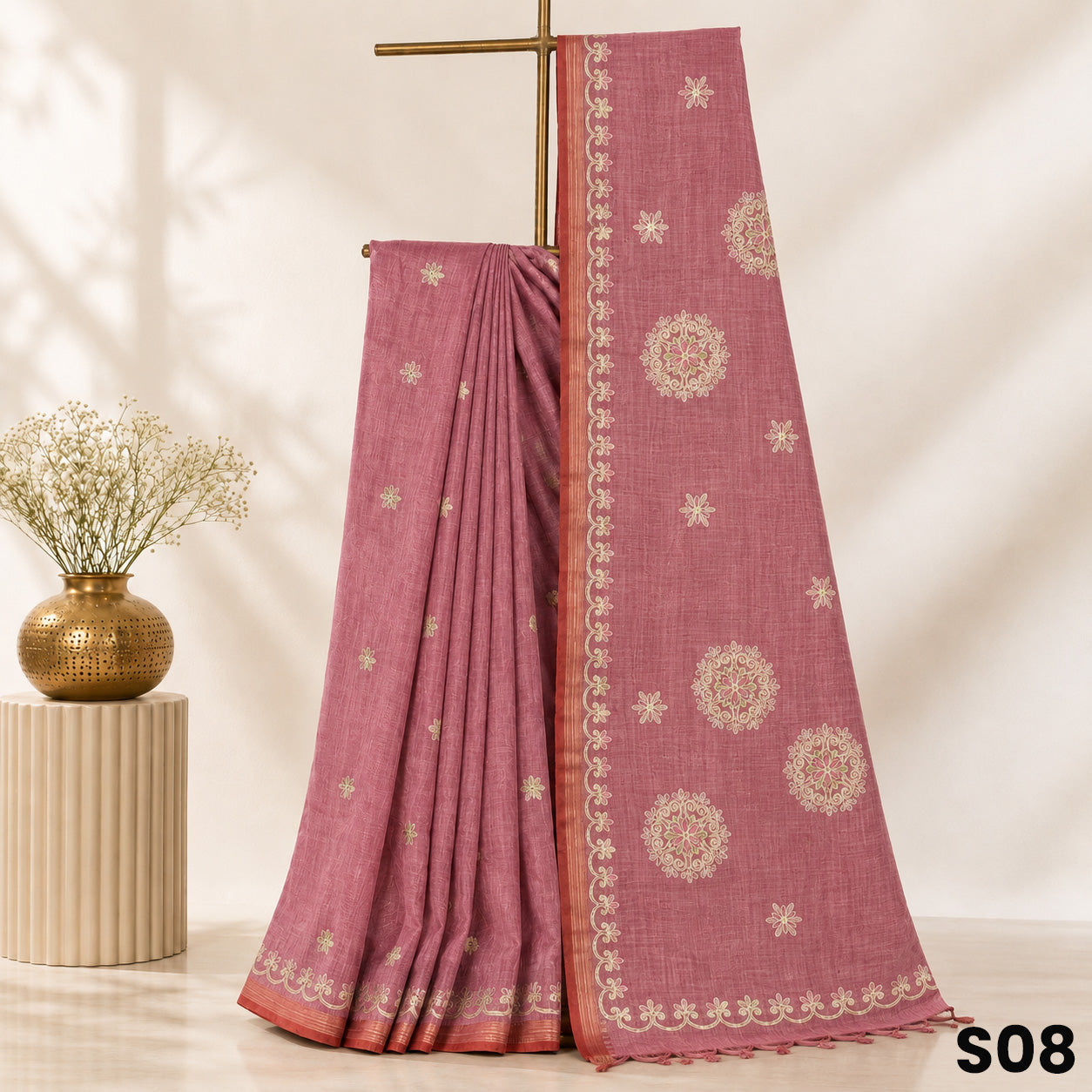Dusty Pink Zari Thread Work Linen Silk Saree - S08