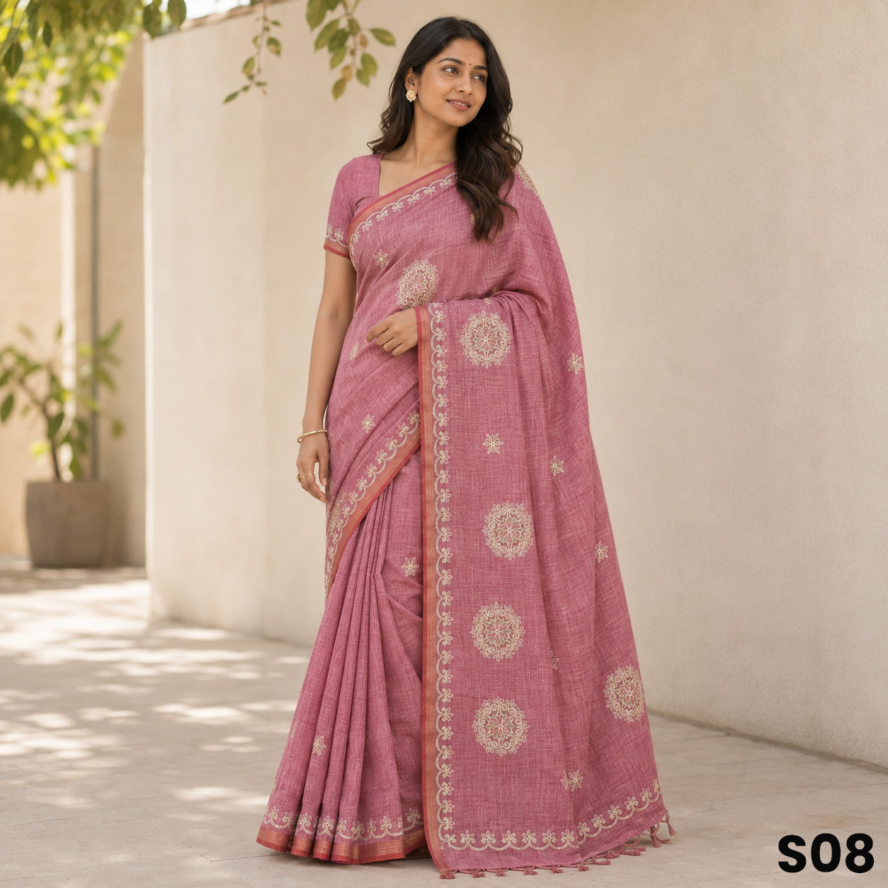 Dusty Pink Zari Thread Work Linen Silk Saree - S08