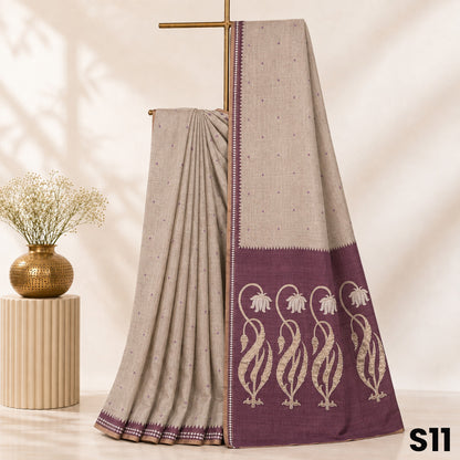 Beige Applique Work Tussar Silk Saree - S11