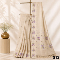 Light Beige Thread Work Tussar Silk Saree - S13