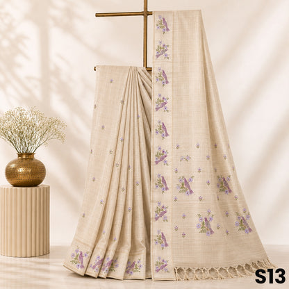Light Beige Thread Work Tussar Silk Saree - S13