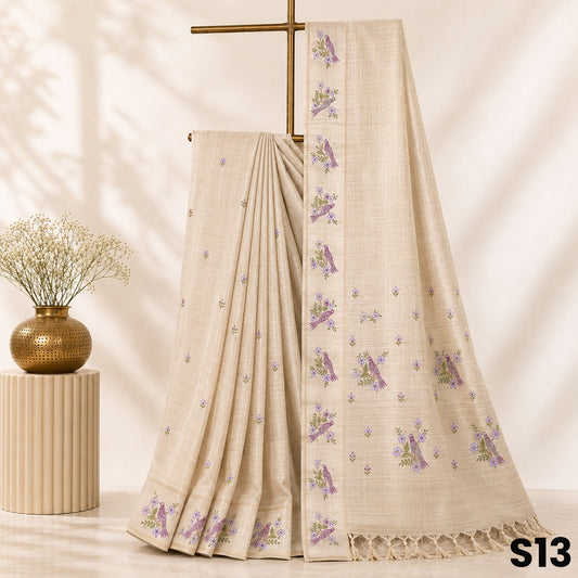 Light Beige Thread Work Tussar Silk Saree - S13