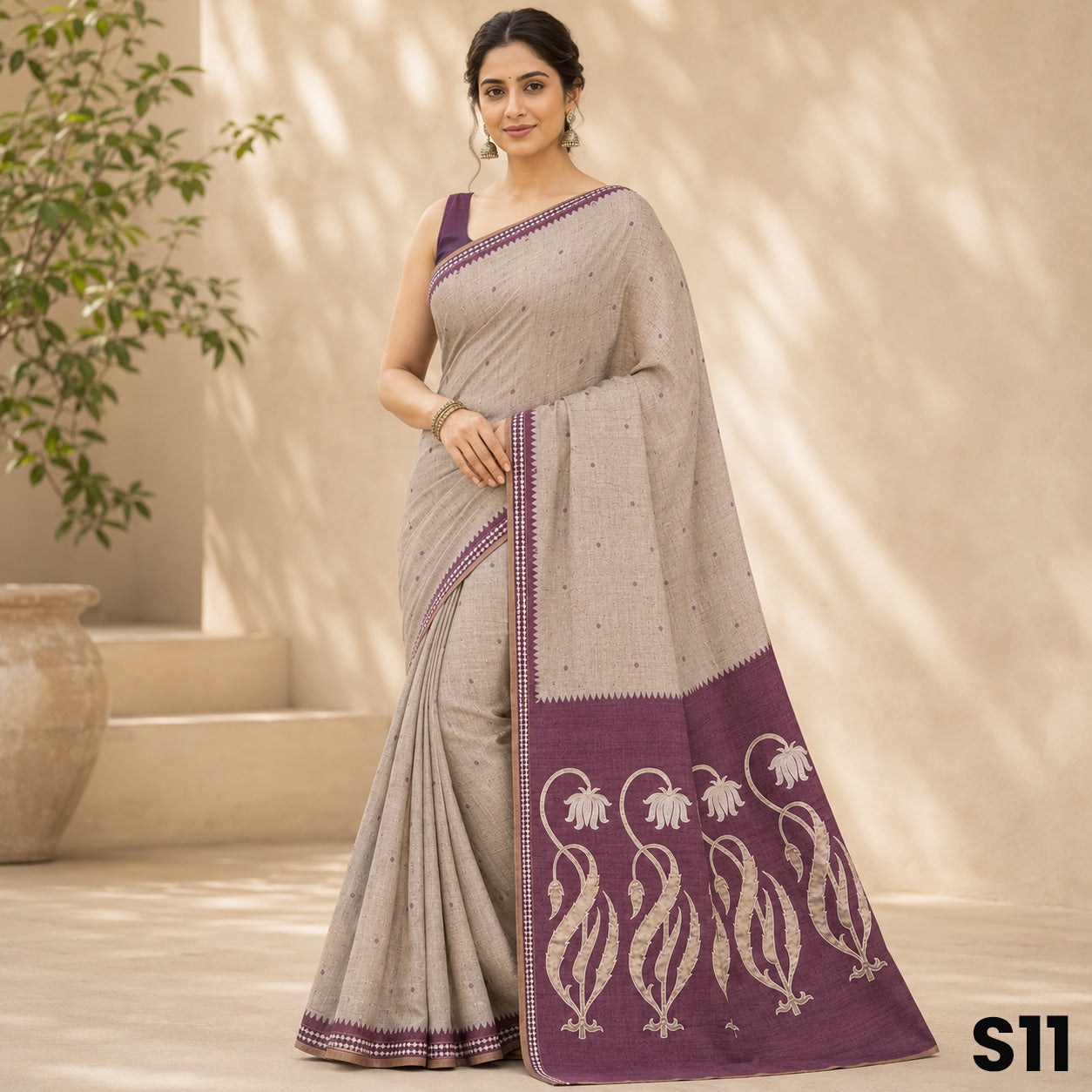 Beige Applique Work Tussar Silk Saree - S11