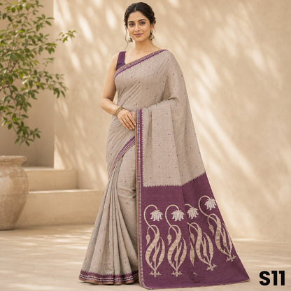 Beige Applique Work Tussar Silk Saree - S11
