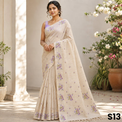 Light Beige Thread Work Tussar Silk Saree - S13