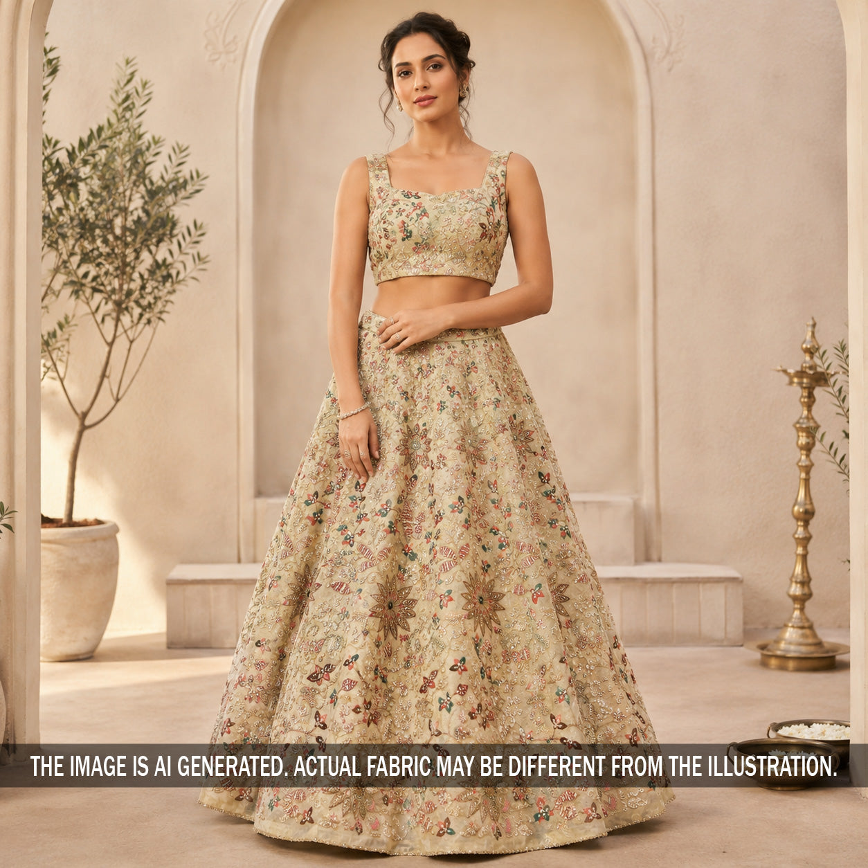 Cut Dana Stone Sequins Zari Thread Embroidered Shimmer Tissue Fabric - F7247