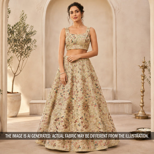 Cut Dana Stone Sequins Zari Thread Embroidered Shimmer Tissue Fabric - F7247