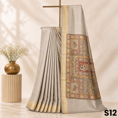 Light Grey Madhubani Print Silk Saree - S12
