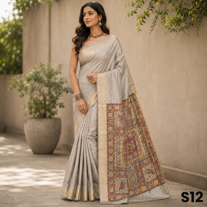 Light Grey Madhubani Print Silk Saree - S12